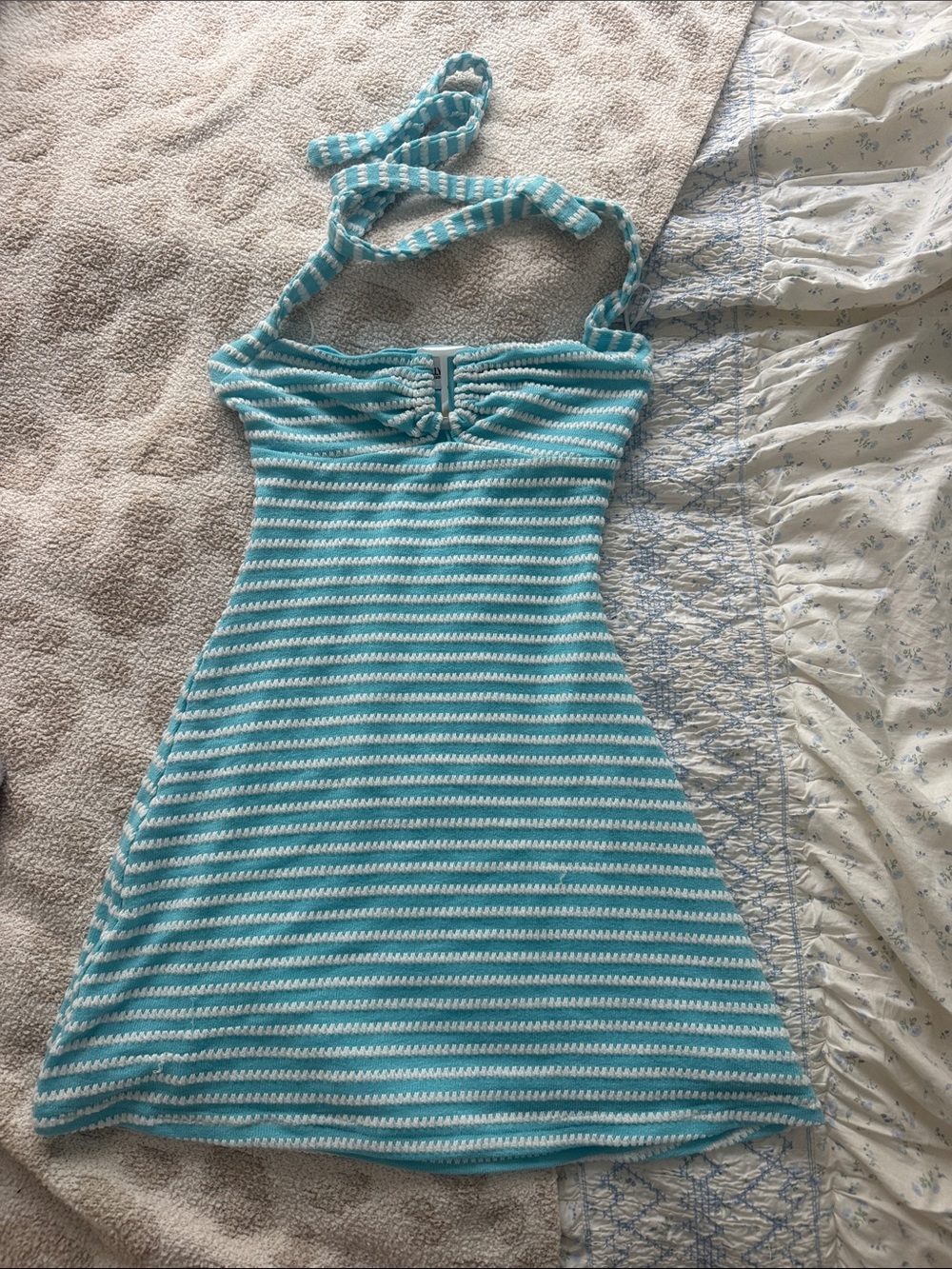 Princess Polly Aqua & White Striped Halter Top
